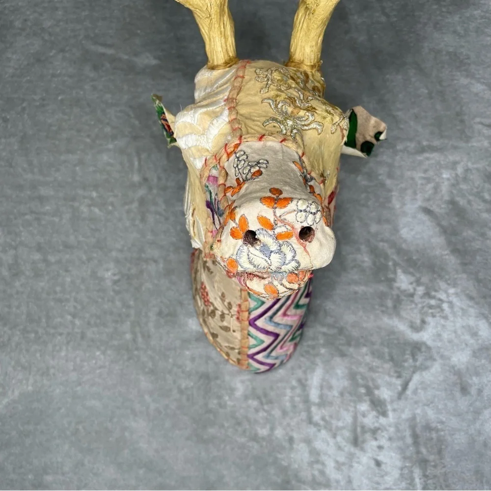 Faux Kantha Patchwork Deer Stag Fabric Covered Wall Decor Gold Antlers Boho